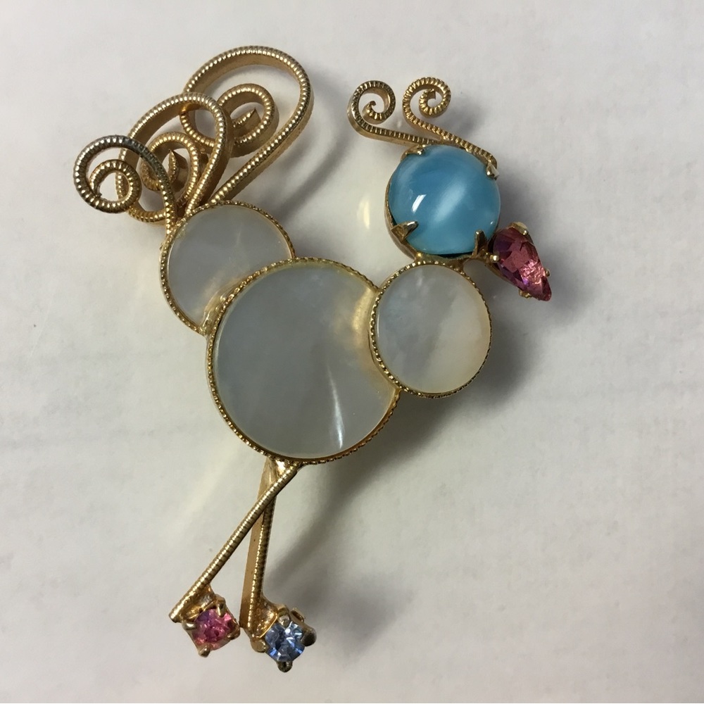 Vintage Bird Brooch Gold Tone Pink Blue Mother of Pearl. Pre owned not signed.